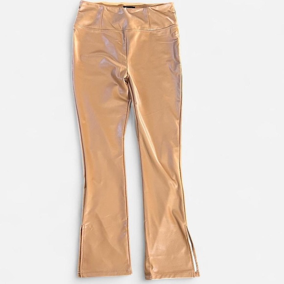 Shinestar High waist perfect fit skinny ankle leatherette pants tan small slit - Picture 5 of 5